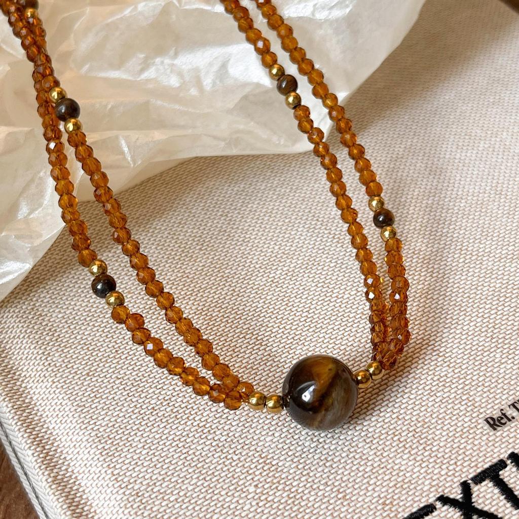 French Maillard Elegant Crystal Beaded Necklace - Tiger Eye Double Layer Choker with High-End Niche Luxury Feel