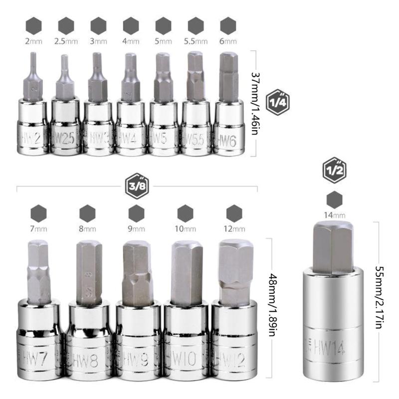 13Pcs Allen Head Hexagon Socket Set Hexagon Bit Socket Set Allen Hexagon Bit Socket Set, Metric 2-14mm Allen Socket Set