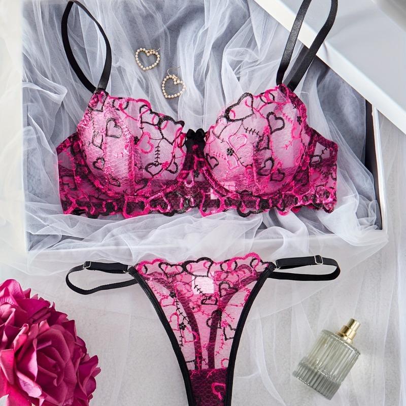 New Love Embroidery Sweet Sexy Mesh Bra Sex Underwear Set