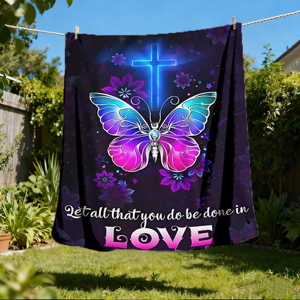 1pc Butterfly Cross Love Throw Blanket Polyester Fiber, Lightweight Flannel, Soft & Warm, All Season Use for Outdoor, Camping Digital Print