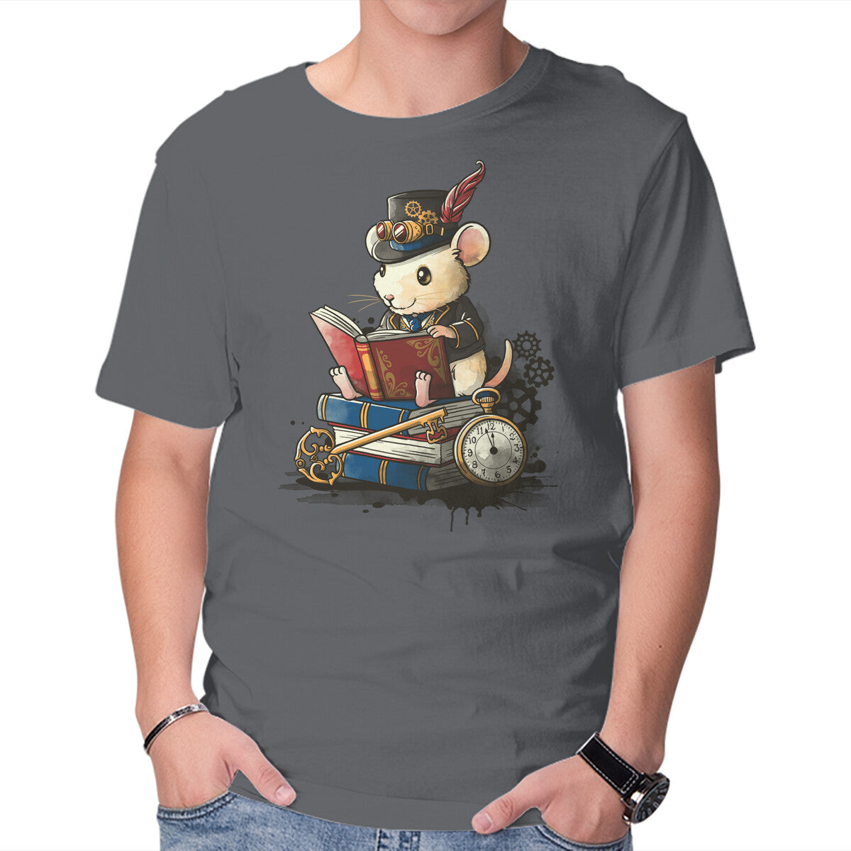 Unisex Crew Neck T-Shirt Steampunk Mouse Reader Graphic Short Sleeve Casual Tee S