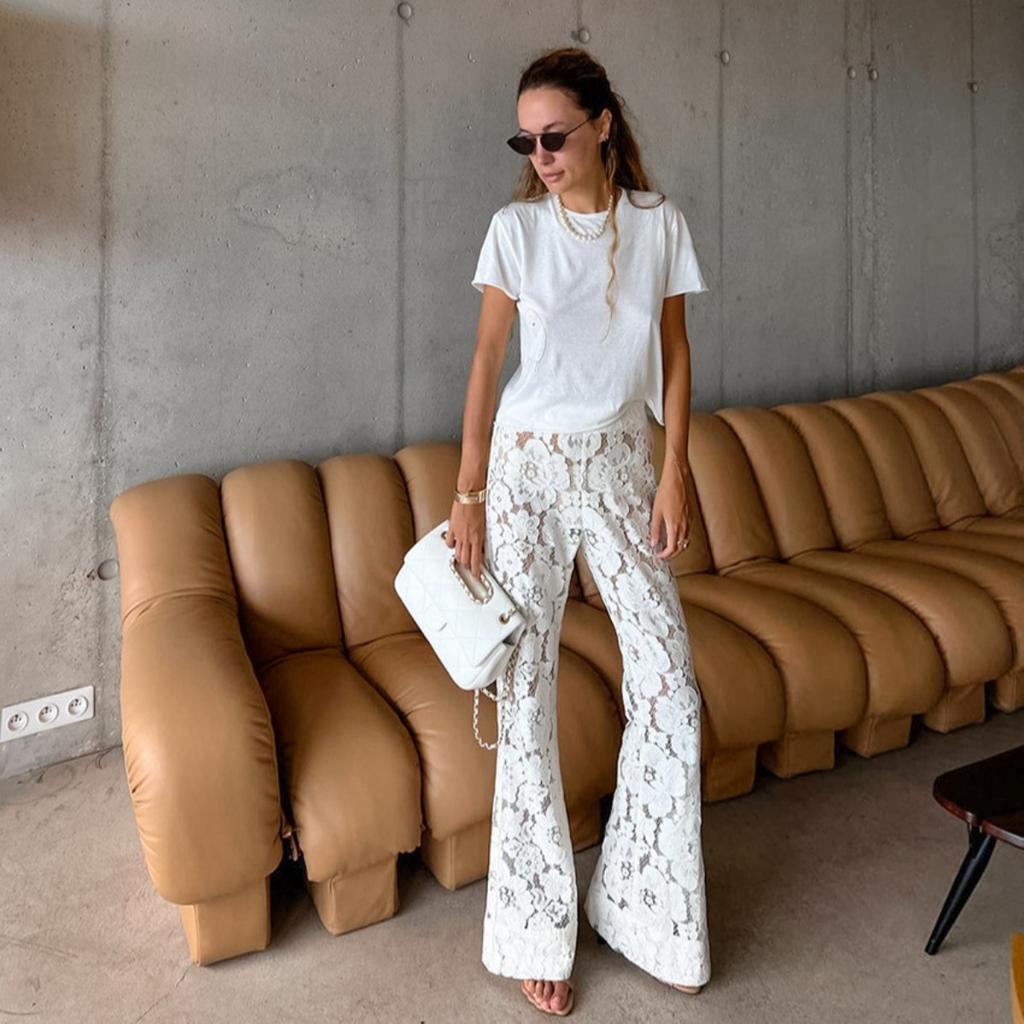 Spring Summer New Women's Jacquard Flared Pants, Lace Flower Hollow Out High Waist Slimming Micro Flared Trousers, European American Style