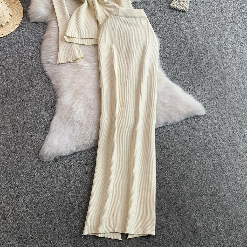 Spring Autumn Women Elegant Knitted Sweater Office Two Piece Set V-neck 3D Flower Pullover Tops and Long Maxi Sheath Skirt Outfits