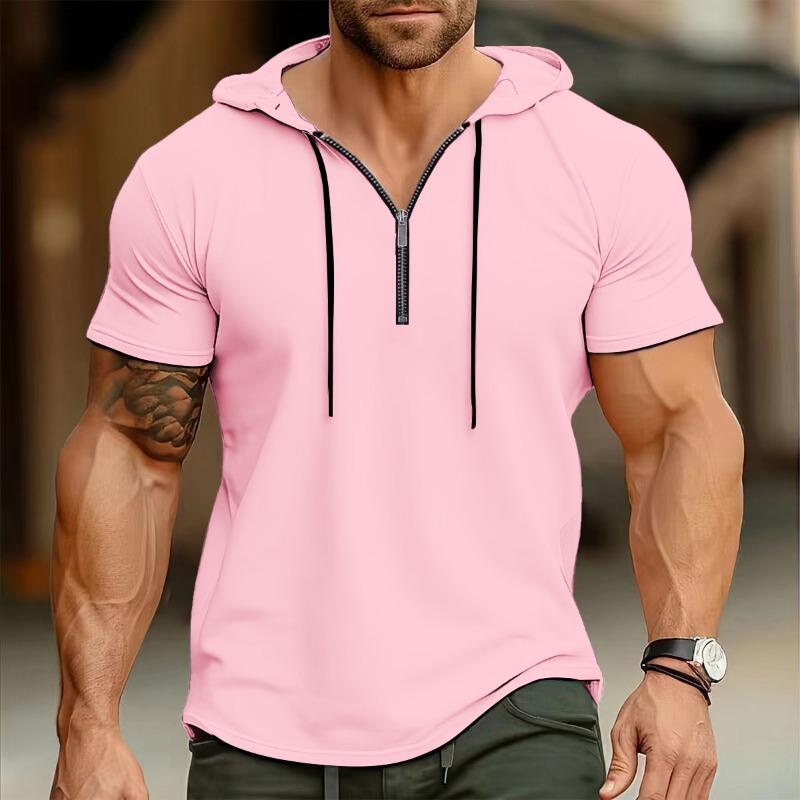 Summer New Men's Hooded Sports Fitness Versatile Casual Short Sleeved T Shirt