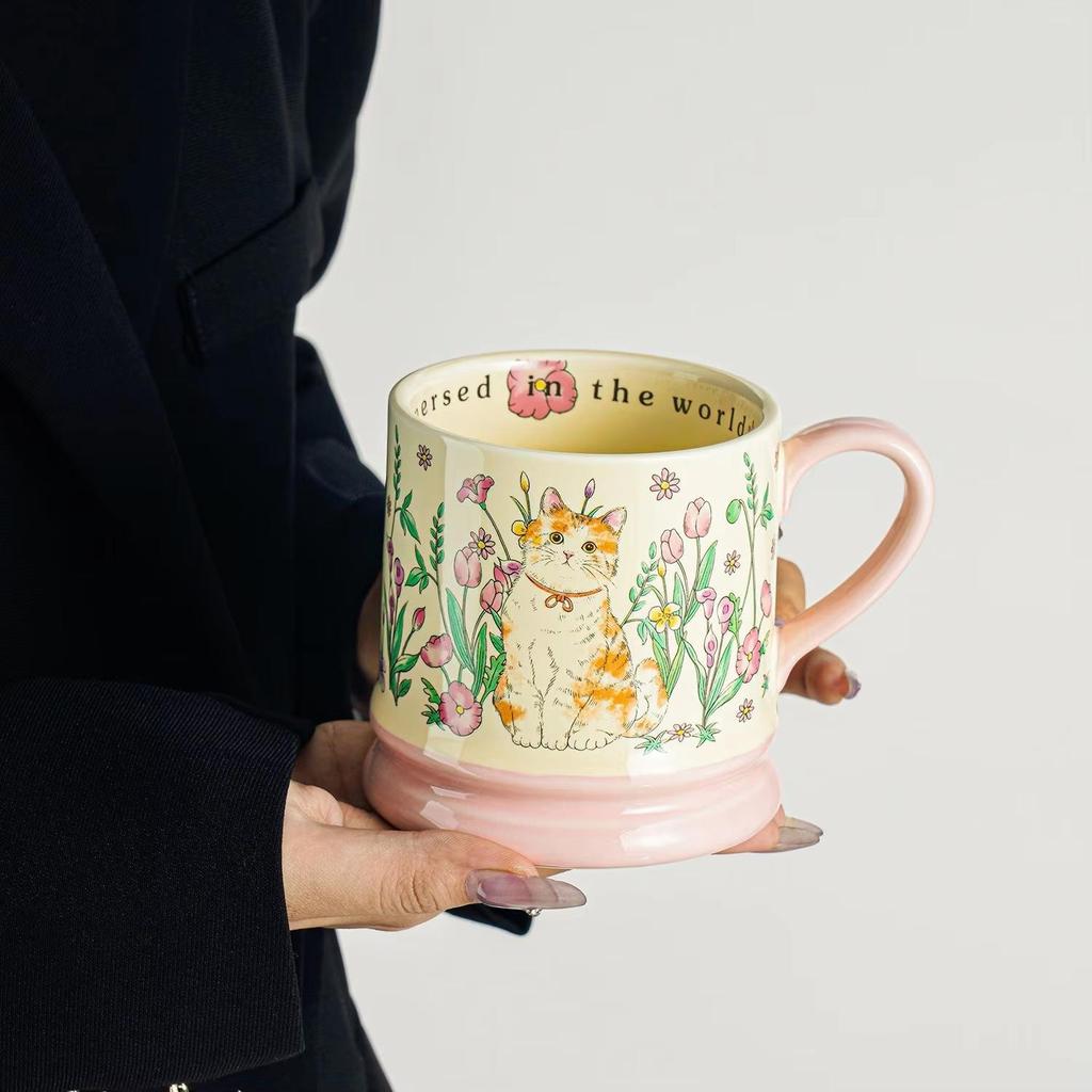 Cute Cat Ceramic Mug Amidst Flowers, Design Inspired Office Coffee Mugs, High-value Couple Tea Cup, Holiday Gift Kawaii Cup