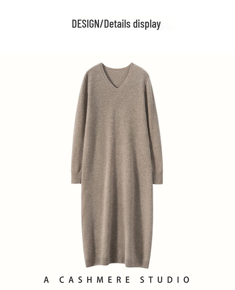 V-neck Cashmere Over-the-Knee Slimming Dress - Long-Sleeved, Loose Fit, 2023 Autumn/Winter Collection