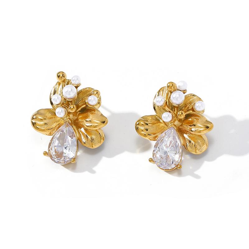European and American Retro Texture Pattern Flower Earrings Light Luxury Stainless Steel Water Drop-shaped Zircon Stud Earrings Fashion Opal Accessori
