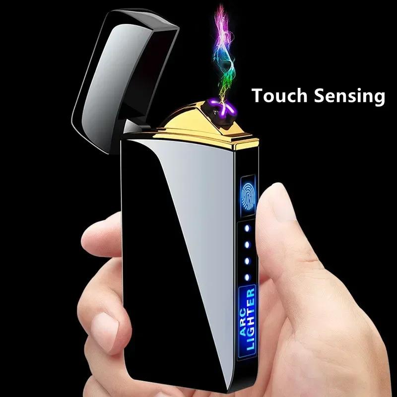 New Dual Arc USB Windproof Charging Windproof Electric Metal Lighter Dual Arc Flameless Plasma LED Power Display Touch Sensor
