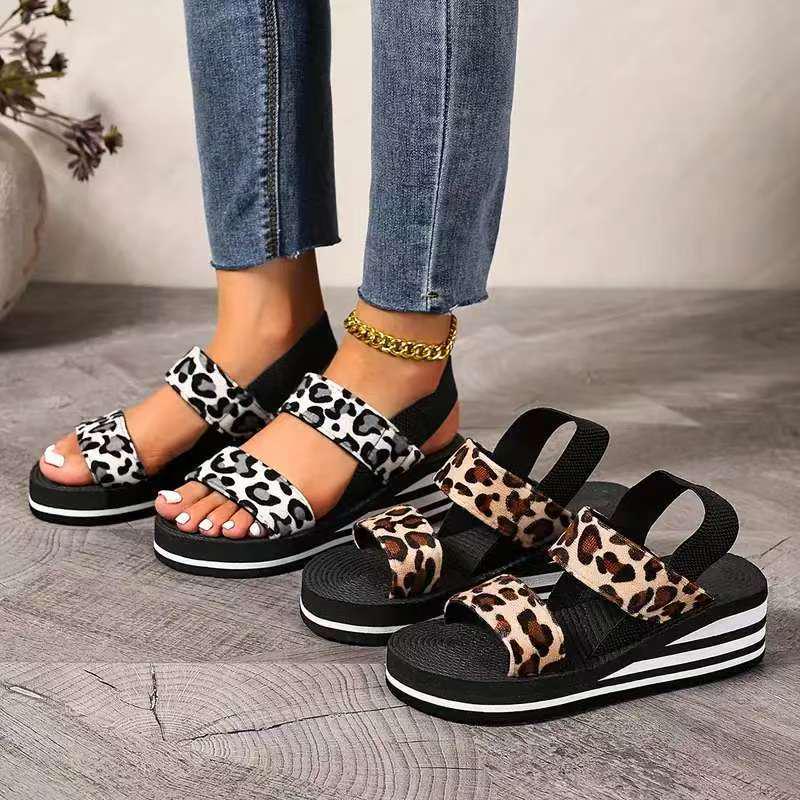 Leopard Print EVA Wedge Sandals - Plus Size Beach Summer Fashion, Height-Boosting Thick Sole.