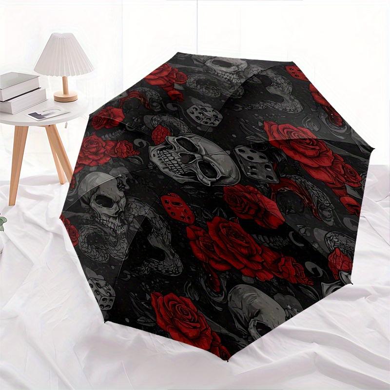 Skull Roses Automatic Folding Umbrella  8 Ribs, Durable Iron Frame, Bright Color Pattern Compact Travel Umbrella, Suitable for Outdoor, Beac