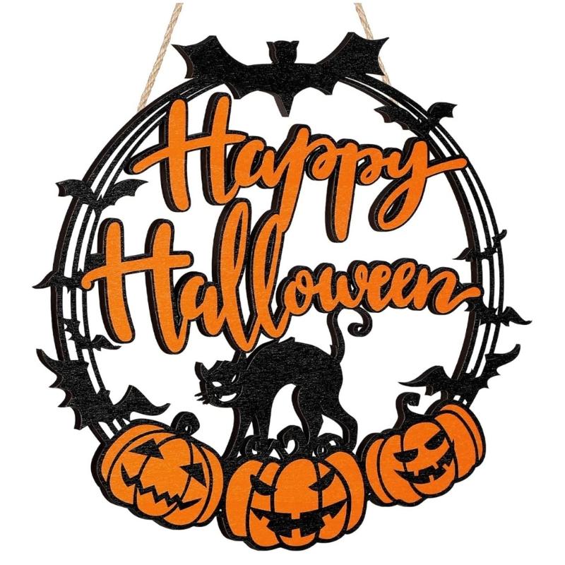  Halloween Decorations Welcome Sign Wooden Wreath Front Door Hanger Wooden Wreath