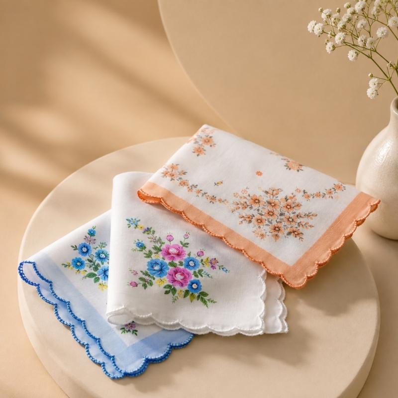 Flower Motif Handkerchief Set, 18Pcs Soft Cotton Cloths with Scalloped Trim for Personal Wiping, Table Settings, and Small-Item Wrapping