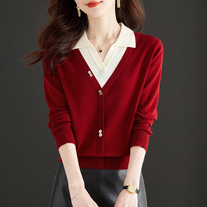 Fake Two Piece Long Sleeved Pullover Shirt Mom Autumn Outfit Polo Collar Knitted Sweater Women's Lapel Sweater Base Shirt