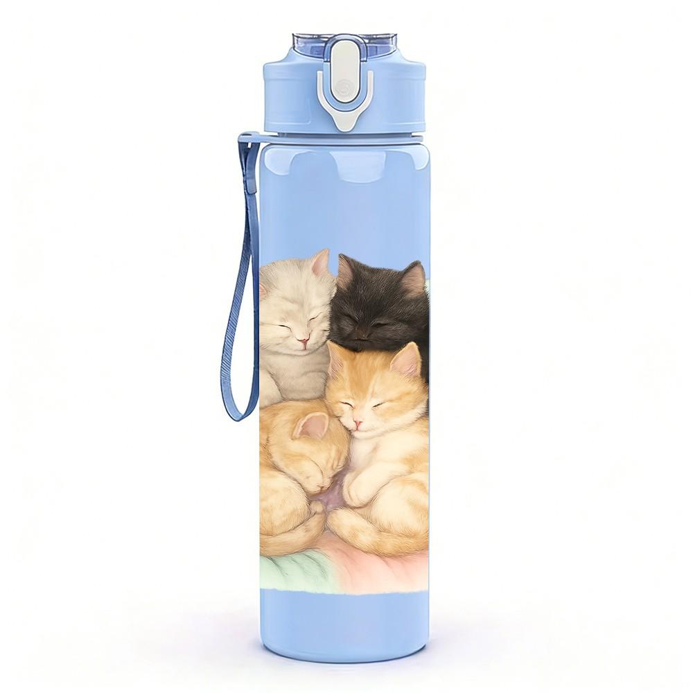 1PC Two Cats Cozy Rest Scene 750ml Color Plastic Sports Water Bottle Leakproof Flip Straw Lid Suitable for Sports Office Home Use