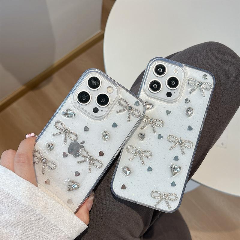 Three-dimensional Rhinestone Bow Pearl for IPhone17pro Phone Case for Apple 16 Glitter 15 Transparent 14 Women