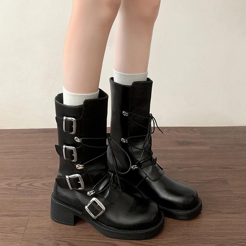 мода Ретро Стиль Женские сапоги до середины голени Модные туфли с пряжкой на ремне Осень — фото 5