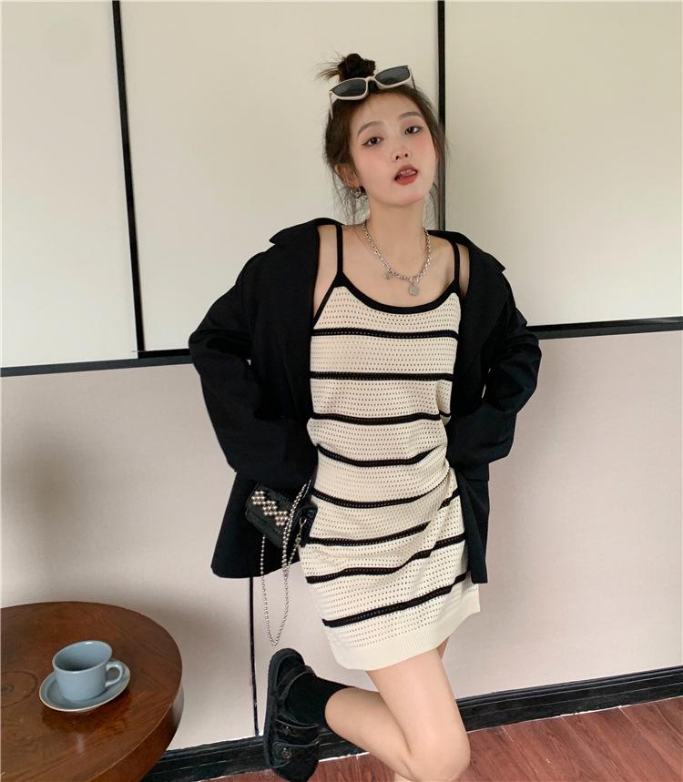 Women's French Striped High-End Summer Knitted Camisole Dress - Sweet & Spicy Style, Slim-Fitting Mini Skirt