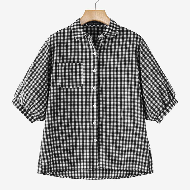 ZANZEA Women Casual Turn Down Collar Grid Print Loose Half Sleeve Blouse S чёрный