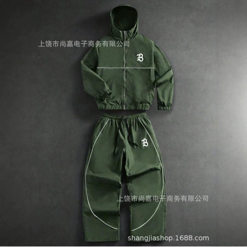 Mens Hooded Zip-Up Letter Print Tracksuit Set Casual Sportswear Lightweight Air Layer Fabric Fall