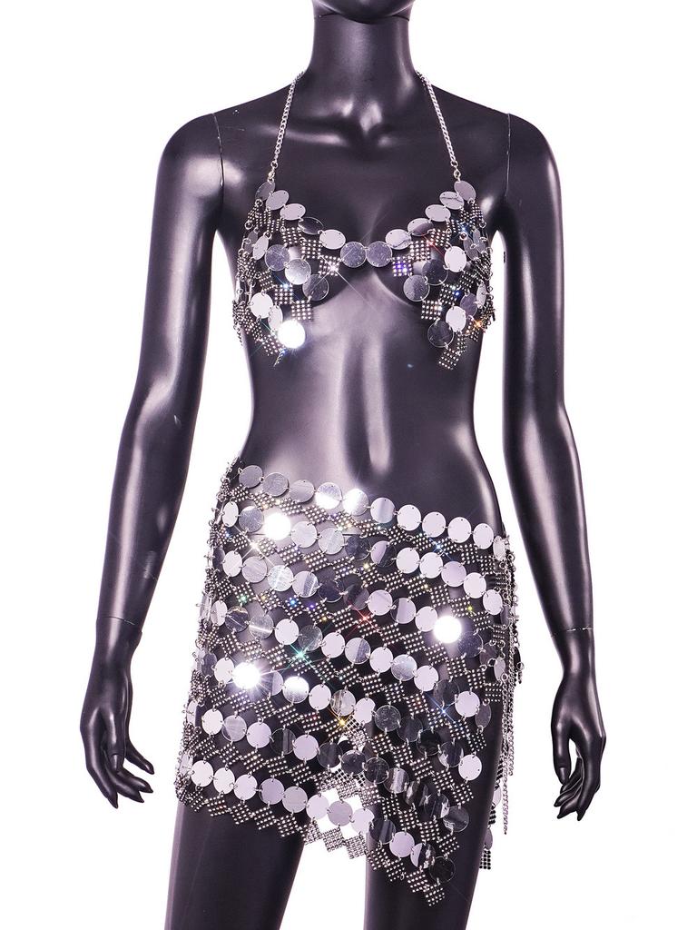 Summer Nightclub Sexy Sequin Suspender Suit Xy20841 Sequin Top Skirt Set For Club Party