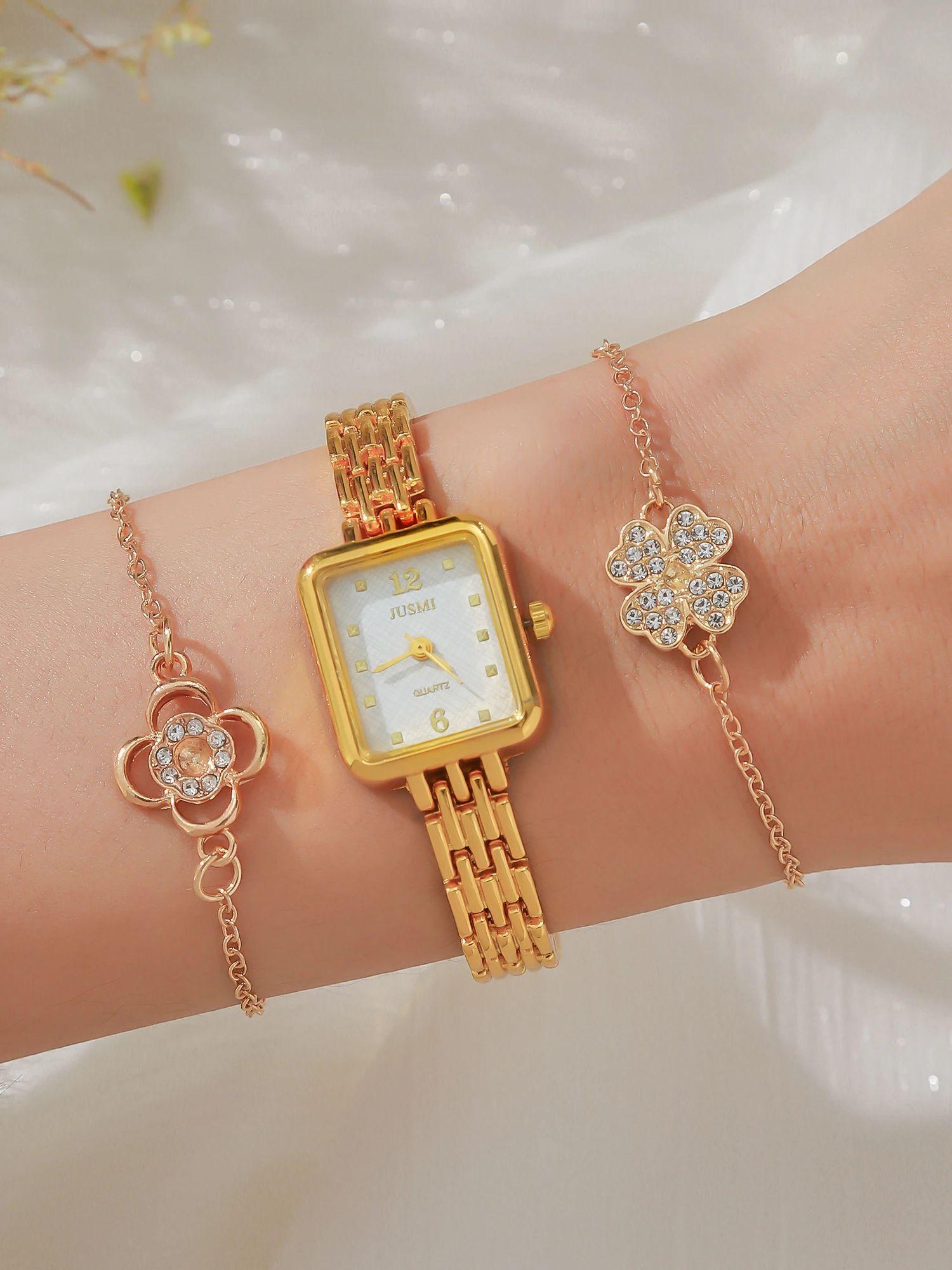 

Женские новые простые часы с квадратным циферблатом и стальным браслетом, кварцевые, благородные и атмосферные, праздничный подарок золотой