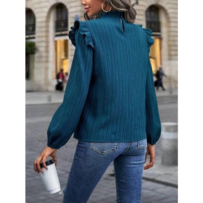 Spring and Autumn Women's Blouse Ruffled Edge Stand-up Collar Splicing Ruffled Lantern Sleeve Temperament Women's Tops