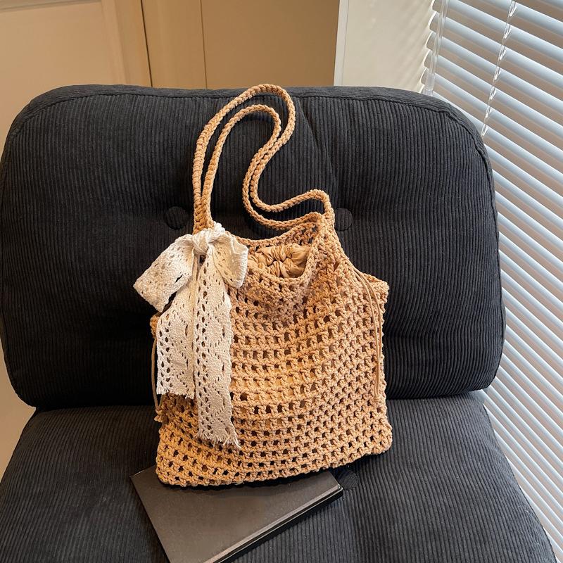 

Crochet Lace Bow Tote Bag for Women Summer Beach Handbag Large Capacity Hollow Out Knitted Bags Bohemian Woven Shoulder Bag