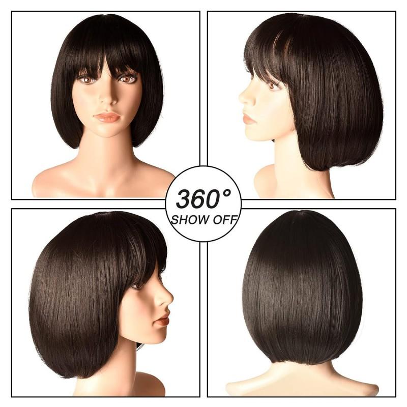 Womens Black Straight Short Bob Wig With Full Bangs Heat-Resistant Synthetic Hair Natural Look