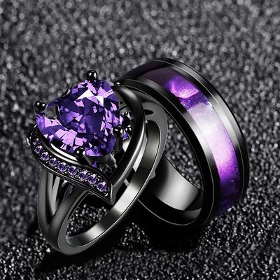 Paarringe Romantisch Damen Herz Lila Strasssteine Zirkon Ring Trendig Herren Edelstahlringe Ehering Schmuck