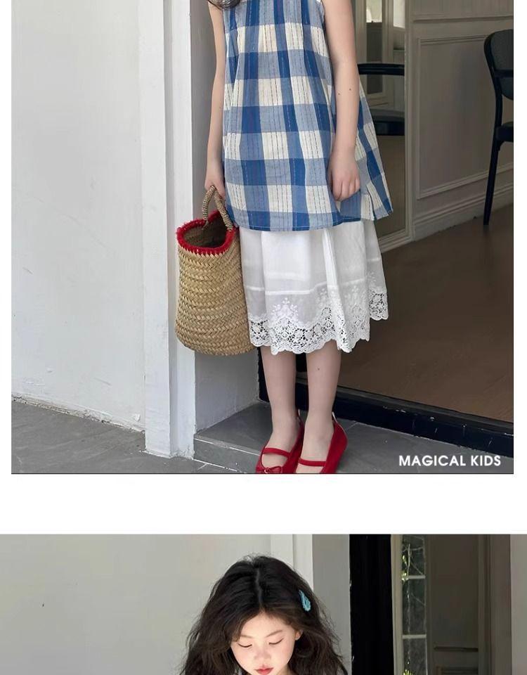 Stylish Plaid Stripe Vest & Lace Hem Top Two-Piece Set for Girls - Summer 2026 Collection