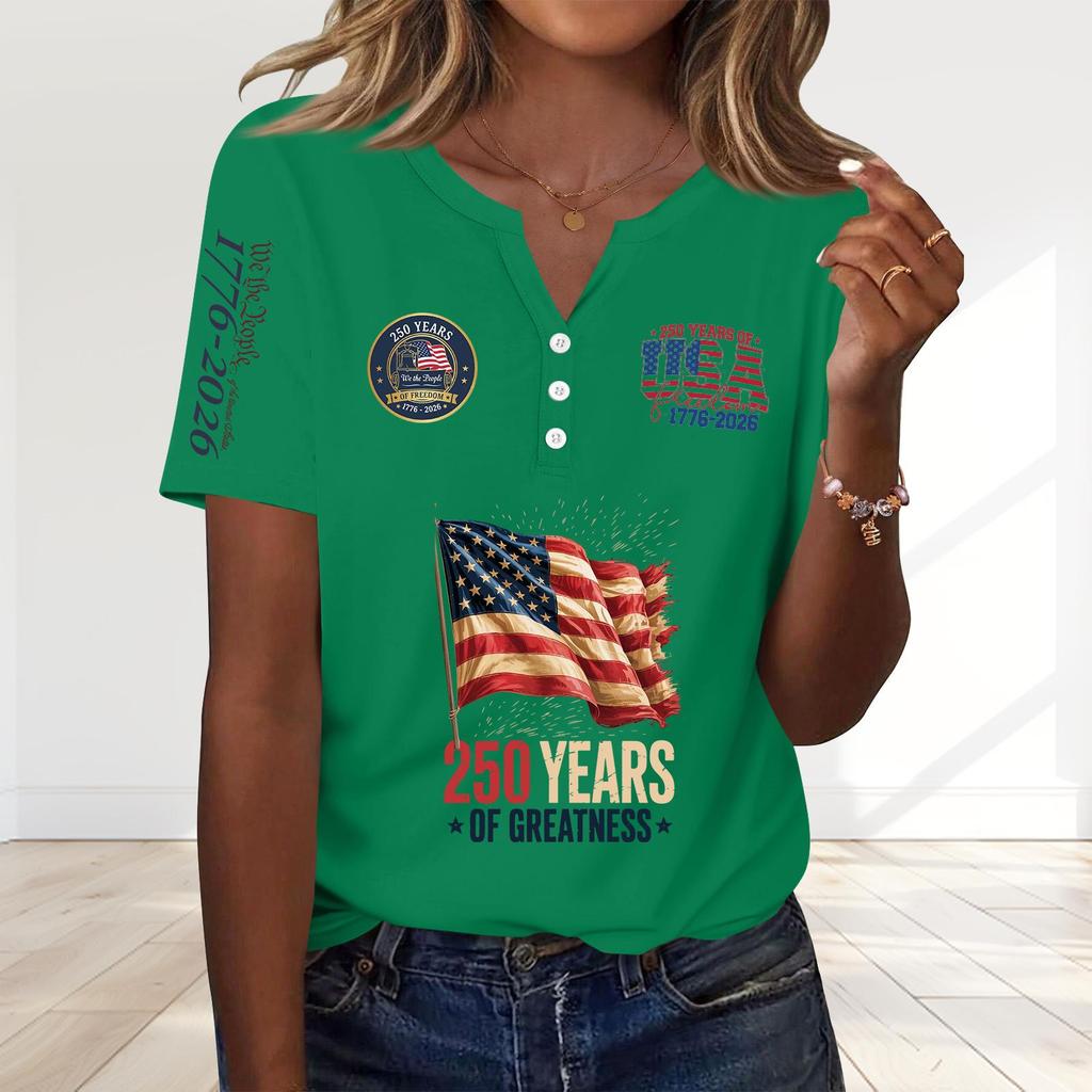 Women's Fashion Casual 250th Anniversary Independence Day Print V-Neck Short Sleeve Decorated Button-Up T-Shirt