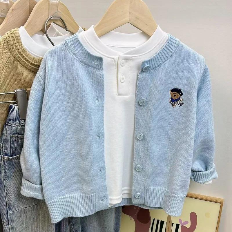 Spring Kids Embroidered Bear Knit Cardigan Unisex Baby Boy Girl Cute Thin Jacket Outerwear