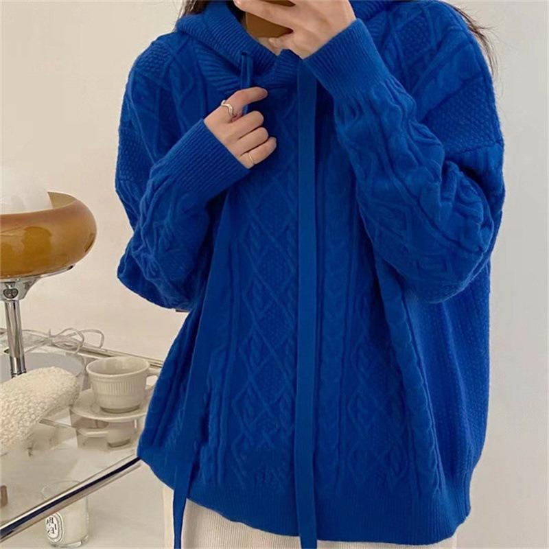 Kapuzenpullover mit verdrehten Streifen Damen Herbst und Winter Neue Mode Fauler Stil Lässiger Strickcardigan Lockere Damenbekleidung