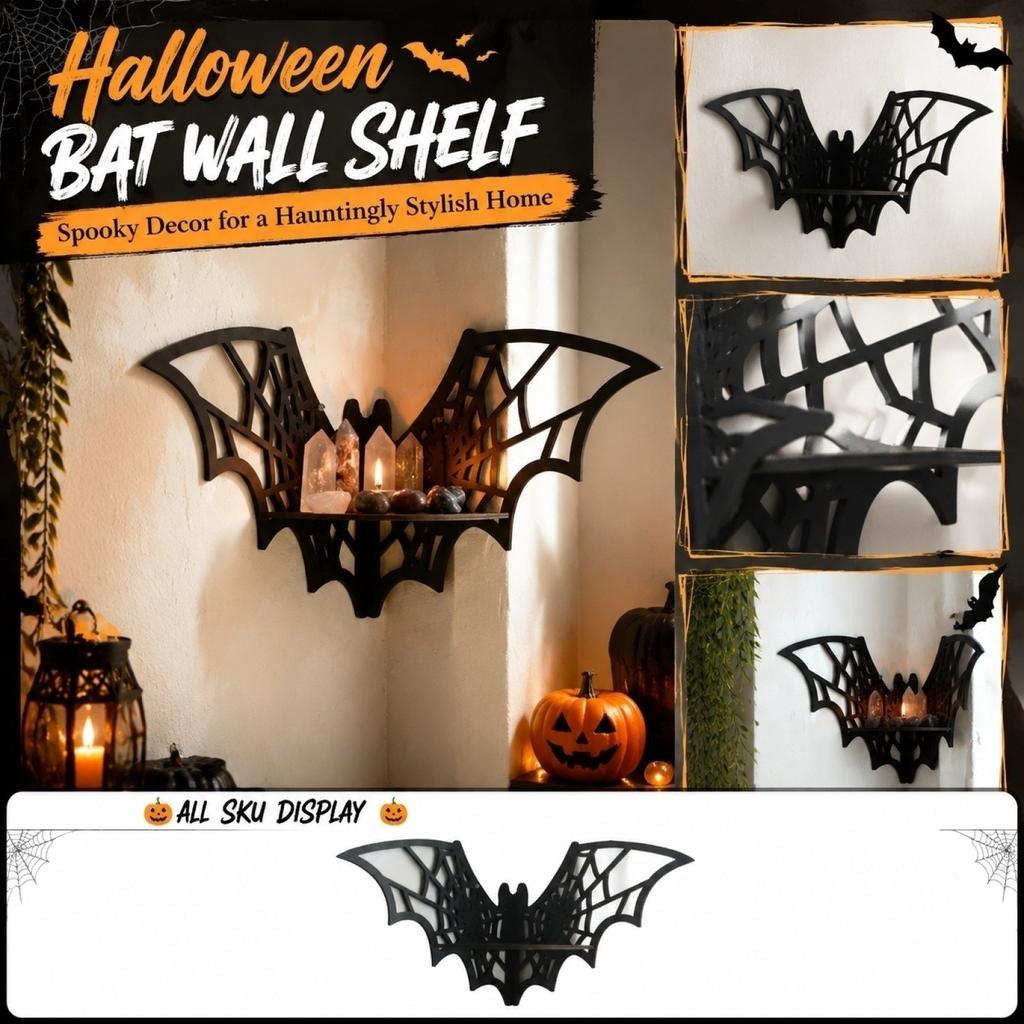 Wooden Hollow Bat Shaped Wall Shelf with Web Design Decorative Storage Rack for Halloween Home Wall Mounted Organizer