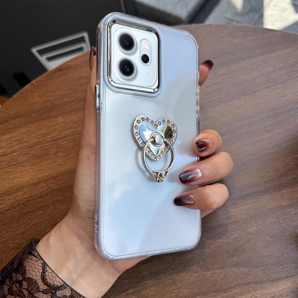 Luxury Bling Rhinestone Heart Ring Bracket Clear Phone Case for OPPO Reno14 F 5G Stand Cover
