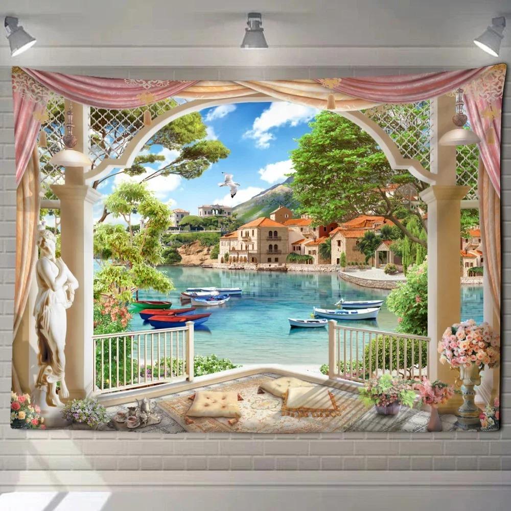 Home decoration natural ecological beach scenery imitation window paper art tapestry background wall room beautiful living room