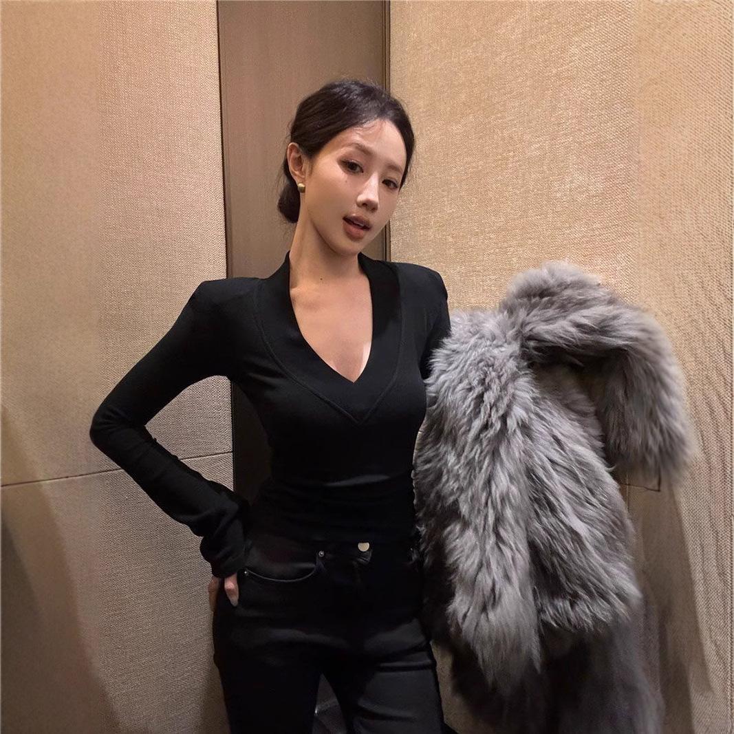 

American Spice Girl Style Slim-fitting Versatile V-Neck Long Sleeve T-Shirt Women s Spring and Autumn Inner Pure Desire Style Skinny Bottom Top XL чорний