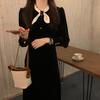 Real Shot French Retro Hepburn Style Temperament Elegant Velvet Dress Women's Contrasting Color Bow Collar Slim Dress