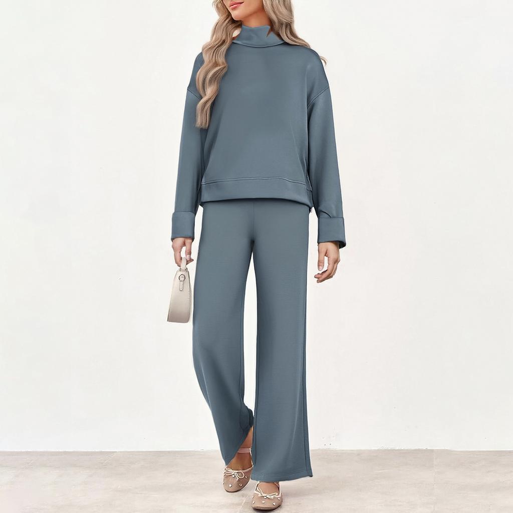 Women's Fashion Casual Color Loose Mock Neck Sweatshirt Suit