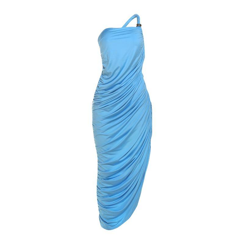

# Sisjuly# Sexy Blue Lady Irregular Bevel Pleat Split Design Beauty Back Sling Dress Women Blue S