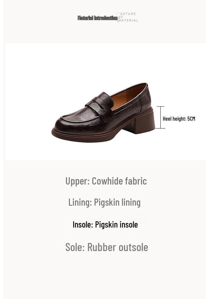 Versatile British Style Cowhide Mid-Heel Loafers - Retro Round Toe Slip-On Women's Shoes with 5cm Chunky Heel