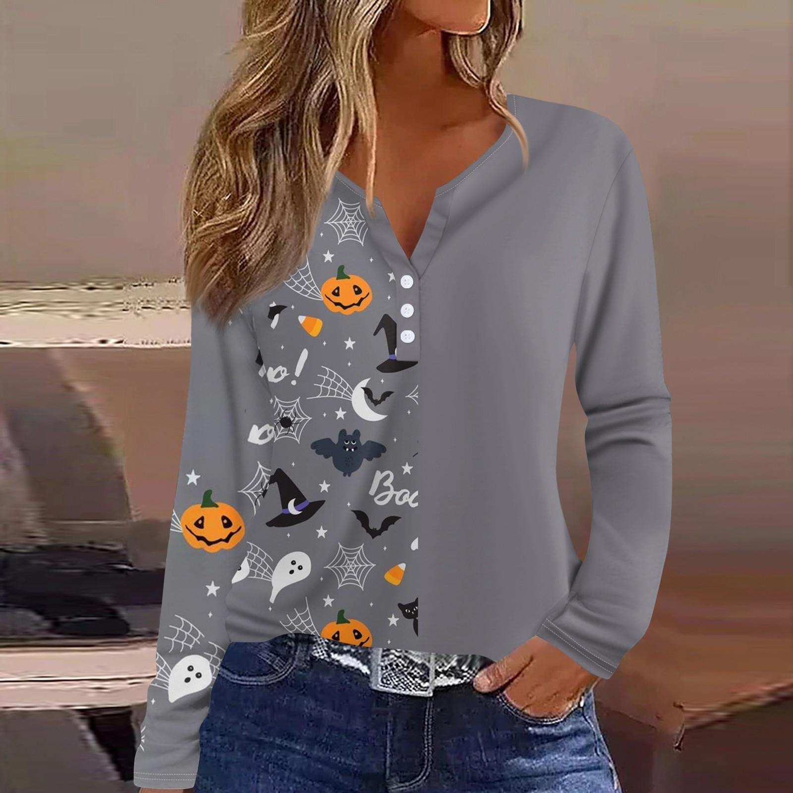 

Жен. Футболка Футболка Хэллоуин С принтом Пуговицы Длинный рукав Повседневные Выходные Мода Классический Классический V-образный вырез Обычный Верх M серый