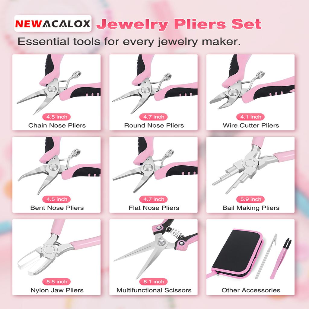 NEWACALOX 8 Packs Jewelry Pliers Set, Jewelry Making Tools with Needle Nose Pliers/Round Nose Pliers/Chain Nose Pliers for Craft
