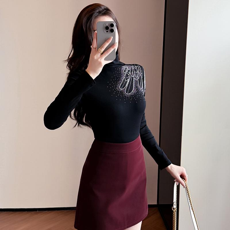 

Весна Осень Женская Водолазка Ажурная Футболка со Стразами Элегантная С Длинным Рукавом Приталенная Женская Офисная Рабочая Топы XXL чёрный