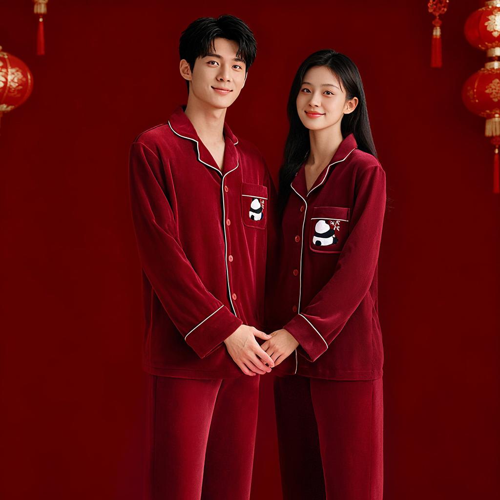 Wedding pajamas newlywed couple suit women's autumn and winter red island fleece warm flannel men's loungewear