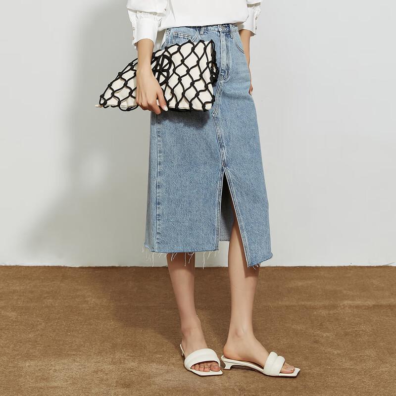 High-Waist Split Denim Midi Skirt