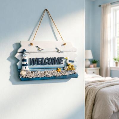 Coastal Welcome Sign Summer Ocean Beach Door Hanger with Hemp Rope Nautical Theme Wooden Hanging Plaque for Front Door Porch Home Wall Decor