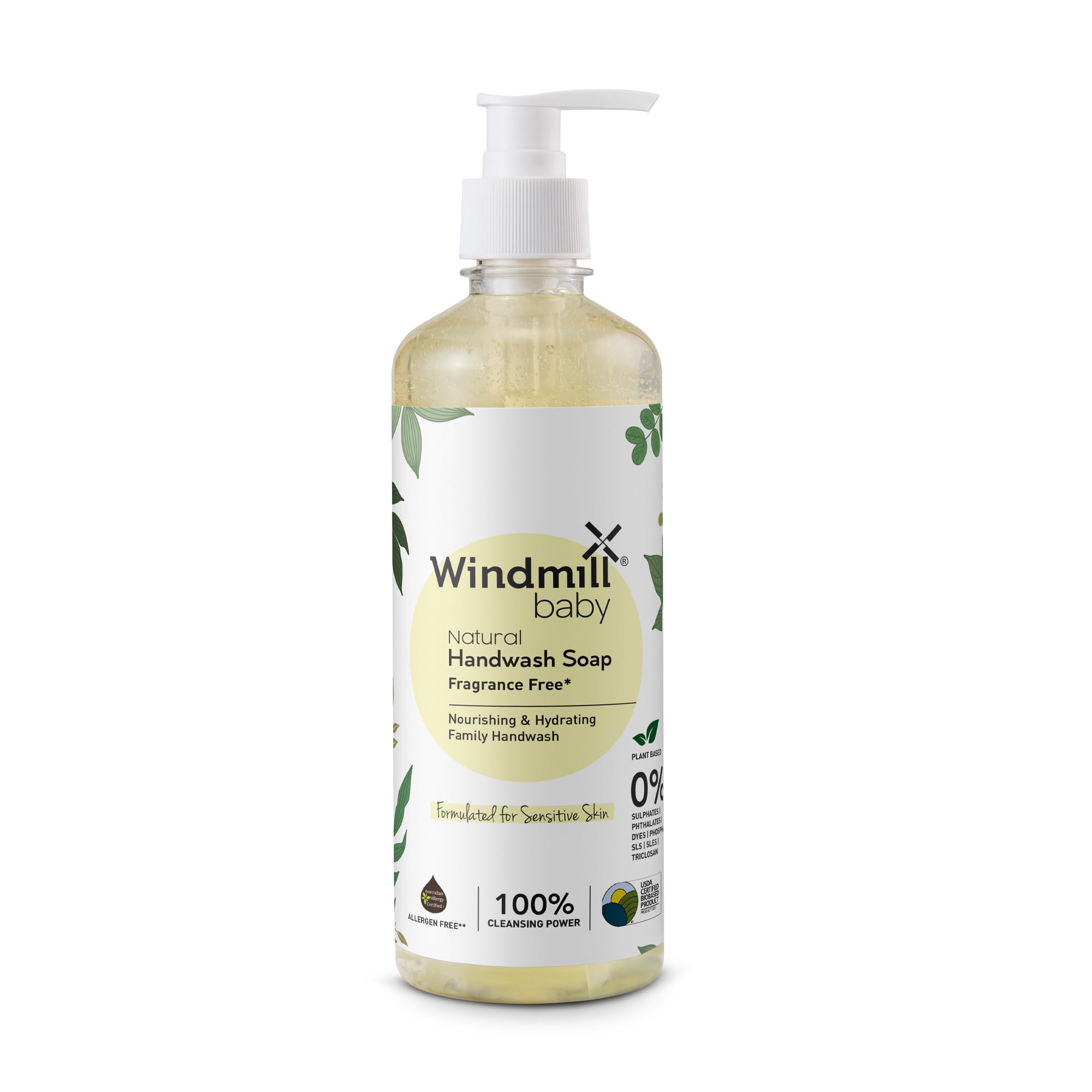 

Windmill Natural Hand Wash for Dry Skin, Fragrance Free, USDA Certified, Moisturizing, Hypoallergenic, Hydrating, For All Skin Types and Ages - 450ml