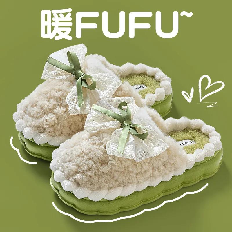 Women Fashion Winter Toe Wrap Warm Bows Cotton Slippers Thick Soft Sole Slides Female Indoor Thick Soles Non-slip Plush Shoes