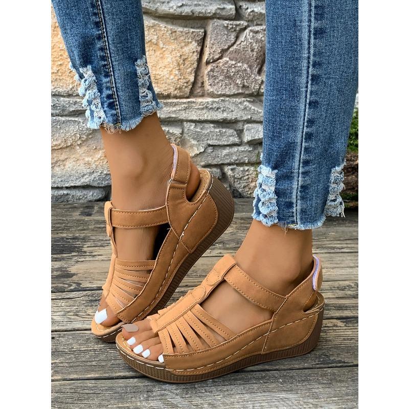 Women’s Retro Stitching Peep-Toe Sandals, Thick Sole Wedge, Large Size Casual Shoes